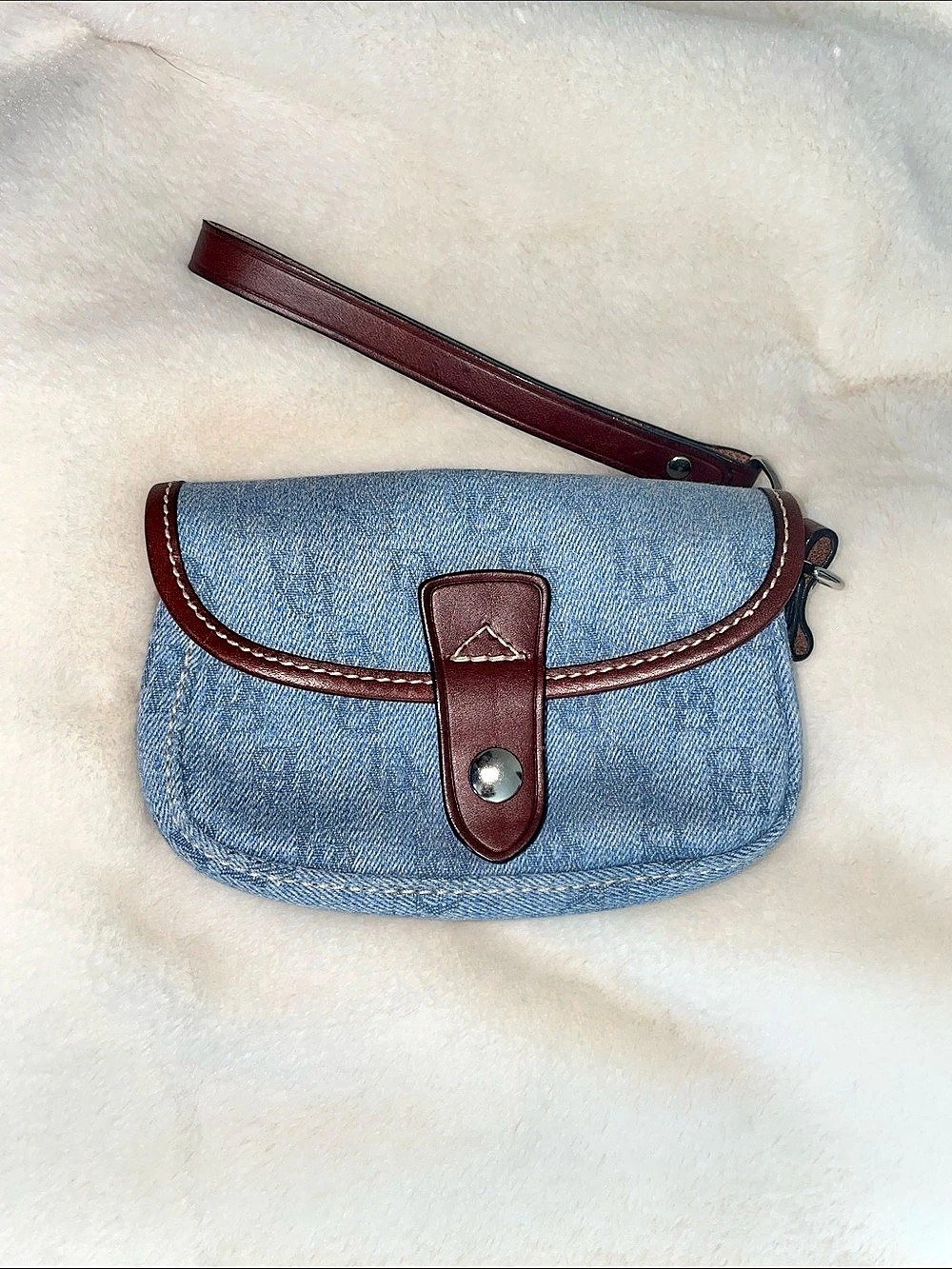 Dooney & Bourke Denim Small Flap Wristlet Blue & Brown